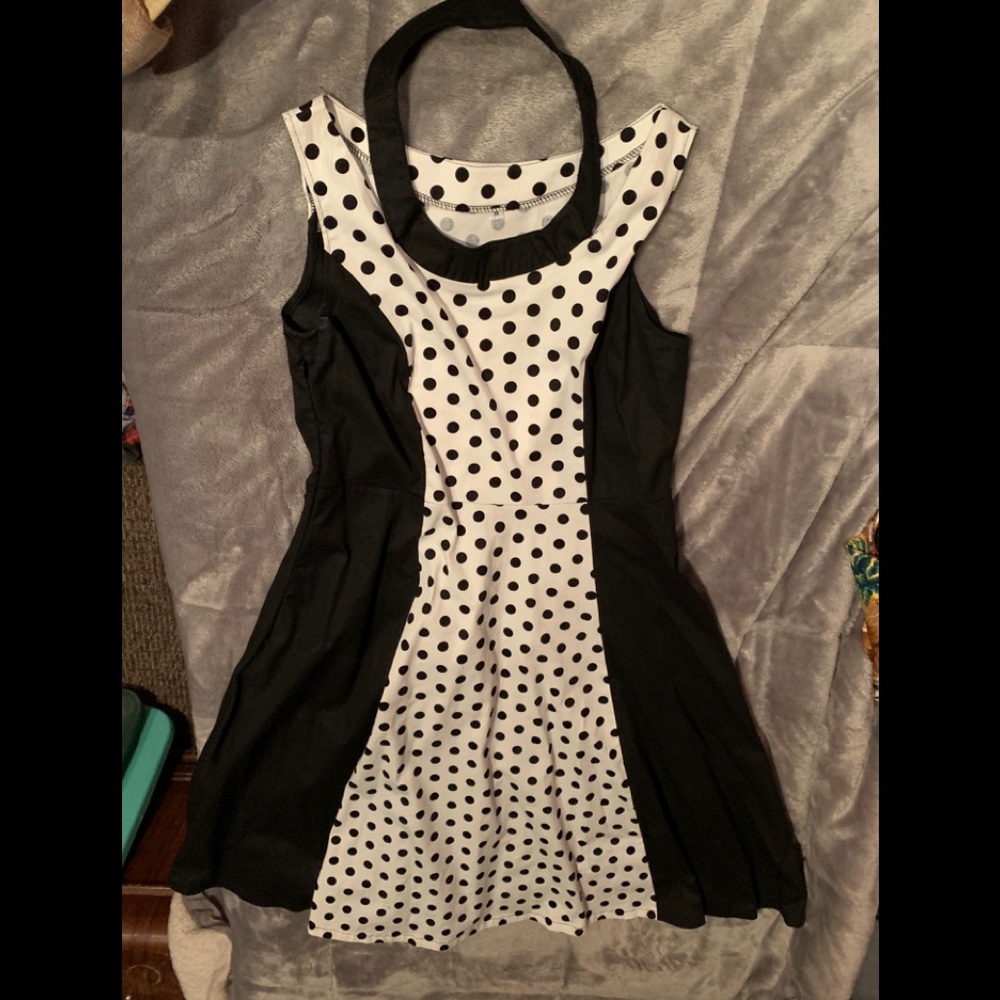 Black and white polka dot swing dress